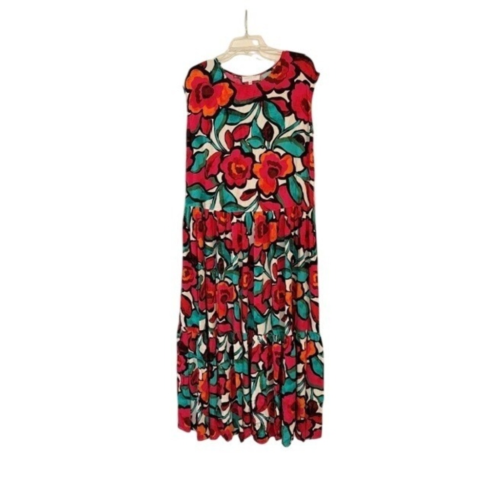 Anthropologie‎ Corey Lynn Calter Womens Red Teal Floral Tiered Maxi Dress M EUC